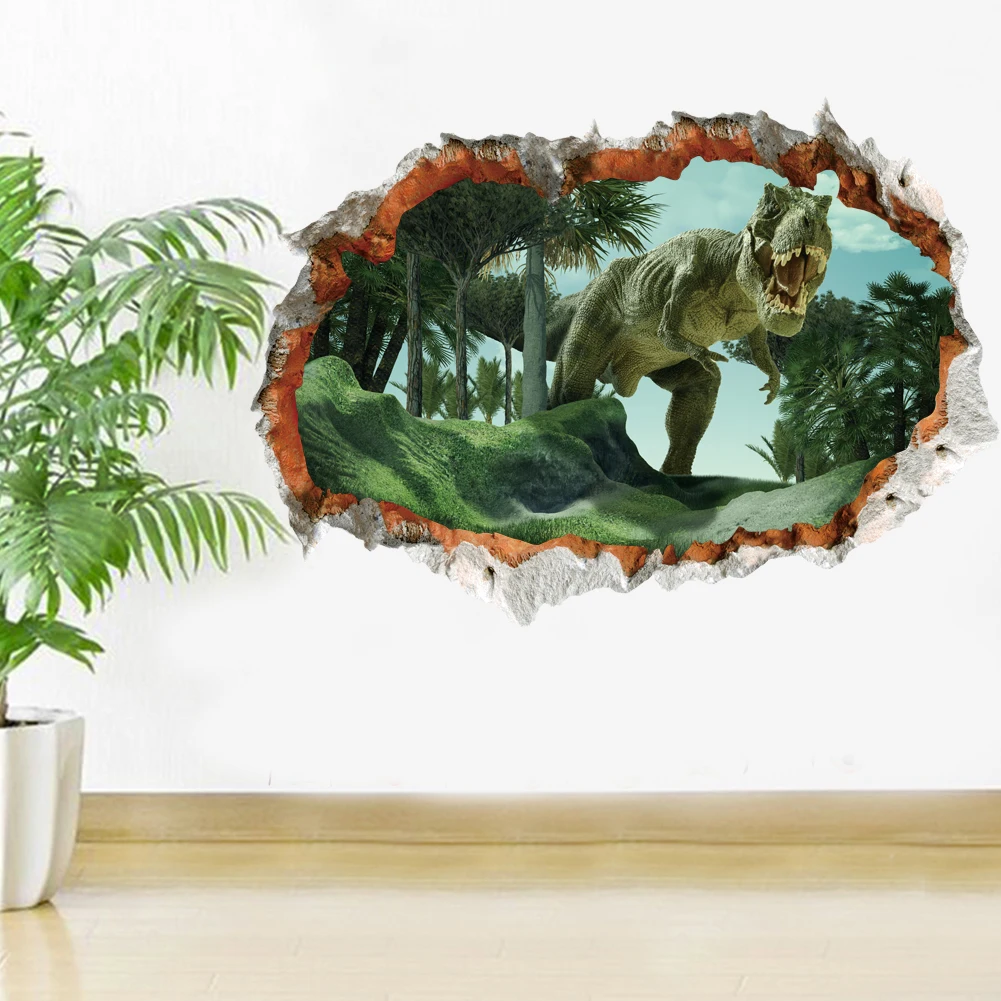 Broke Hole Jurassic Park Dinosaur Animal Wall Stickers For Kids Room Bedroom Home Decor Vivid Wall Decals PVC Mural Art Poster