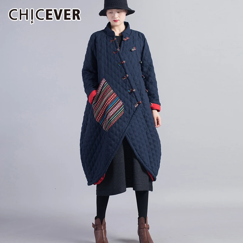 

CHICEVER Vintage Patchwork Criss Cross Women's Cotton Coat O Neck Long Sleeve Oversize Asymmetrical Thick Female Parkas 2020 New