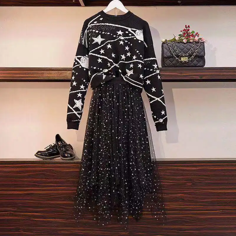 

2019 Autumn Spring Ladies Runway Star Pattern Loose Pullover Sweater Top + Sequined Mesh Irregular Tulle Skirt 2 Piece Set Suit