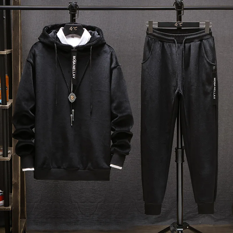 

Set Men's New Style Autumn & Winter Thick Double-Sided Gold Velvet a Set of Hooded Handsome Casual Sweatshirt Sports Two Pieces-