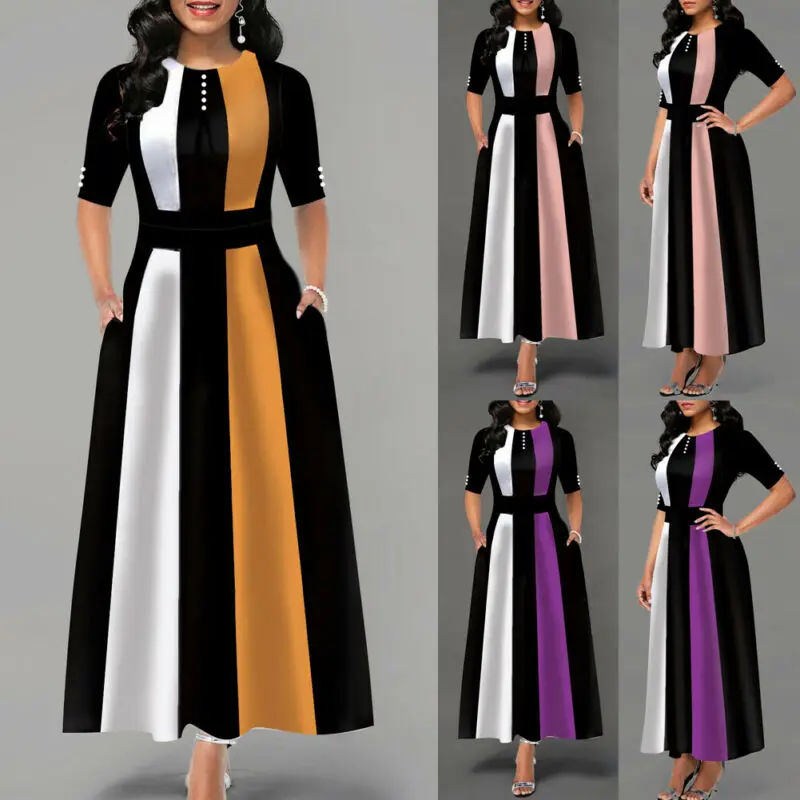 

Vintage Women Lady Striped Swing Long Dress Ladies Half Sleeve Evening Party Skater Ladies Elegant Maxi Dresses UK