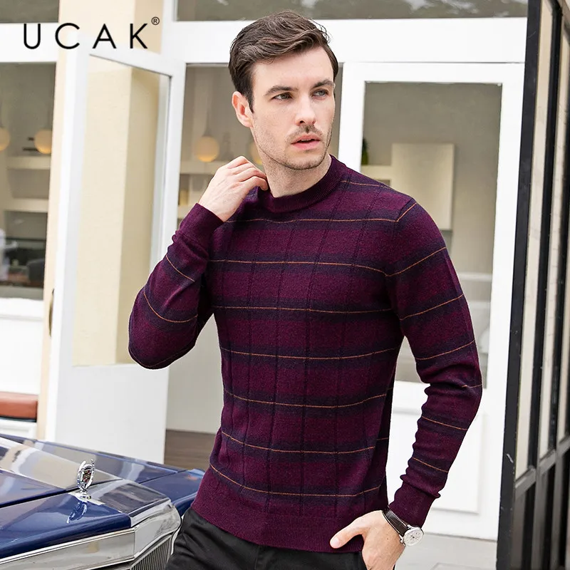 Promo UCAK Brand Pure Merino Wool Sweater Men Casual Striped Pull Homme O-Neck Pullover Men Autumn Winter Warm Cashmere Sweaters U3093