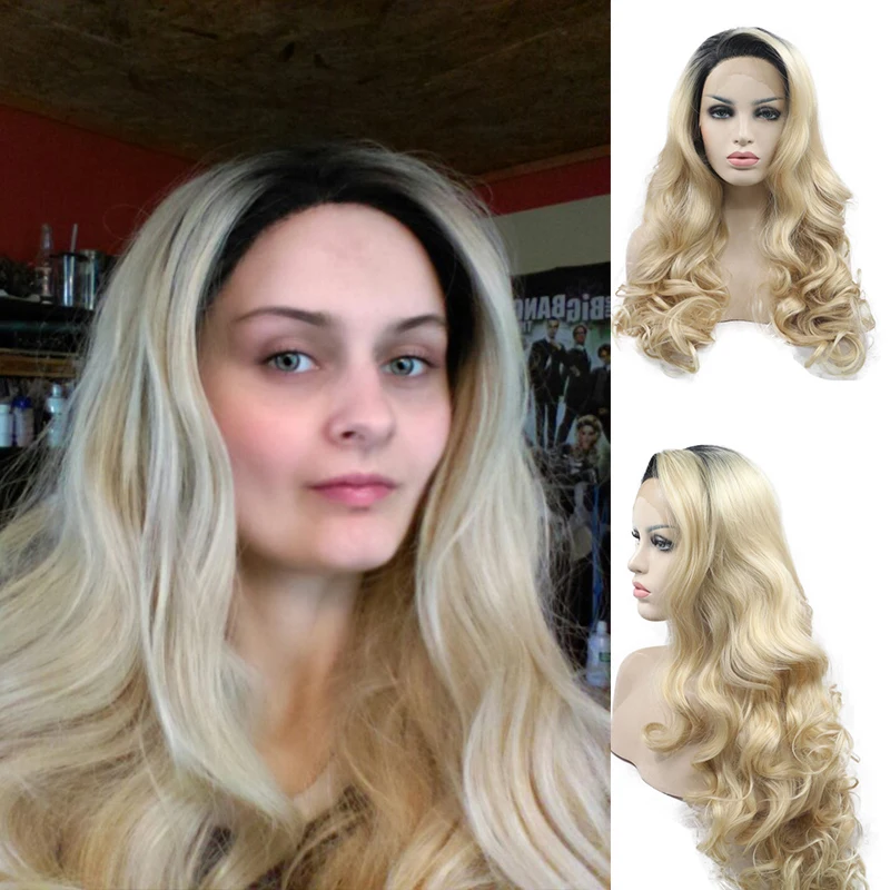 Blonde Curly Synthetic Lace Front Wig Cosplay Frontal Glueless Hair Body Wave Ombre With Dark Black Roots Wigs For Women Lilita