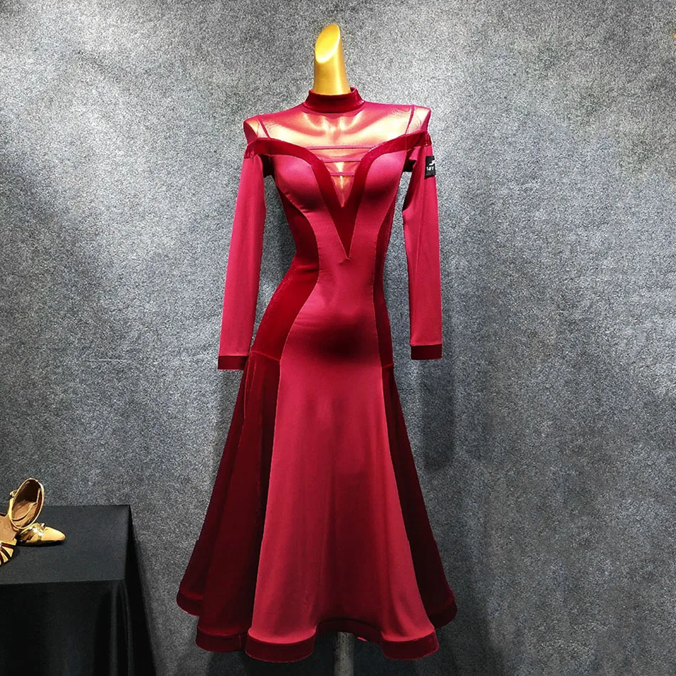 

2020 New Deep V Neck Long Sleeve Patchwork Latin Dance Dress Dancing Performance Women Dress Ballroom Samba Tango T049