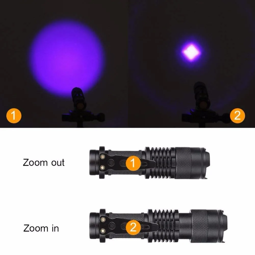 PROFORUS Linternas UV recargables, linterna ultravioleta de 365 nm y 395  nm, doble fuente de luz UV, linterna de luz negra, antorcha 2 en 1 con zoom