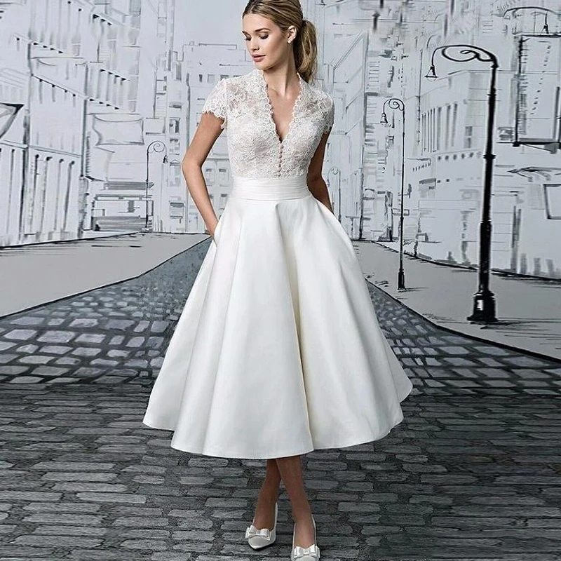 Eightale Korte Trouwjurken V-hals Applicaties Lace Satin Rok Korte Mouwen Vintage Trouwjurk Met Zakken Bruid Jurken Eightale Korte Trouwjurken V-hals Applicaties Lace Satin Rok Korte Mouwen Vintage Trouwjurk Met Zakken Bruid Jurken