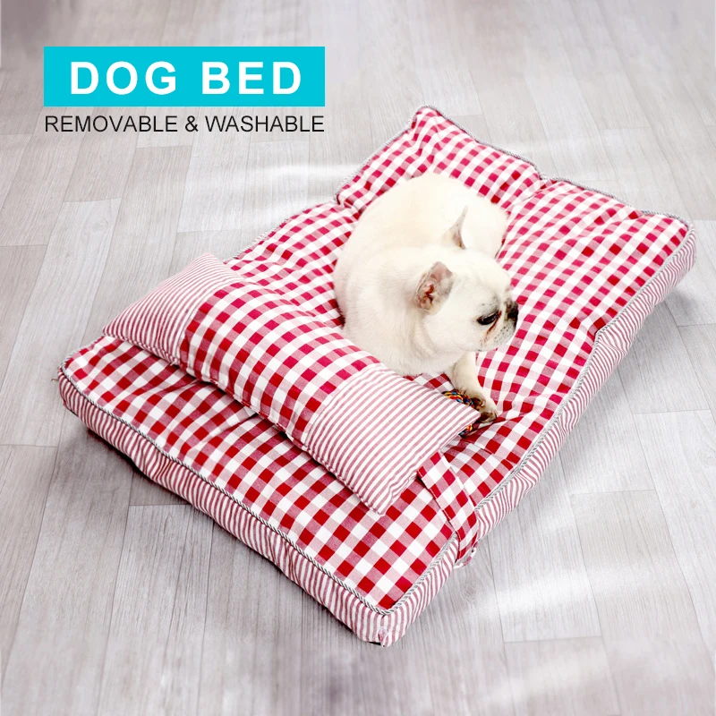 

Plaid Dog Bed Removable And Washable Thicken Cotton Hemp Non-slip Pet Mat Simplicity Comfortable Breathable Cat Sofe Dogs Pads