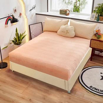 

New Arrival 3-5pcs Solid Color Bedding Set include Mattress Cover &Pillowcase Striped Pellet Fleece Velvet Flannel Fitted Sheet