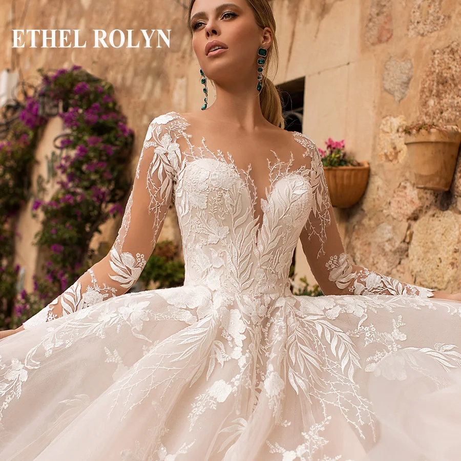 ETHEL ROLYN V-neckline Sexy Backless Romantic Princess Wedding Dress Long Sleeve Tulle Appliques Wedding Gowns vestido de novia - Цвет: Шампанское