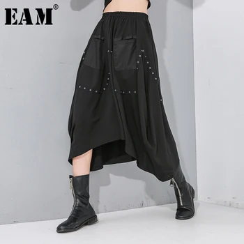 

[EAM] High Elastic Waist Black Ribbon Split Join Asymmetrical Half-body Skirt Women Fashion Tide New Spring Autumn 2020 1N900