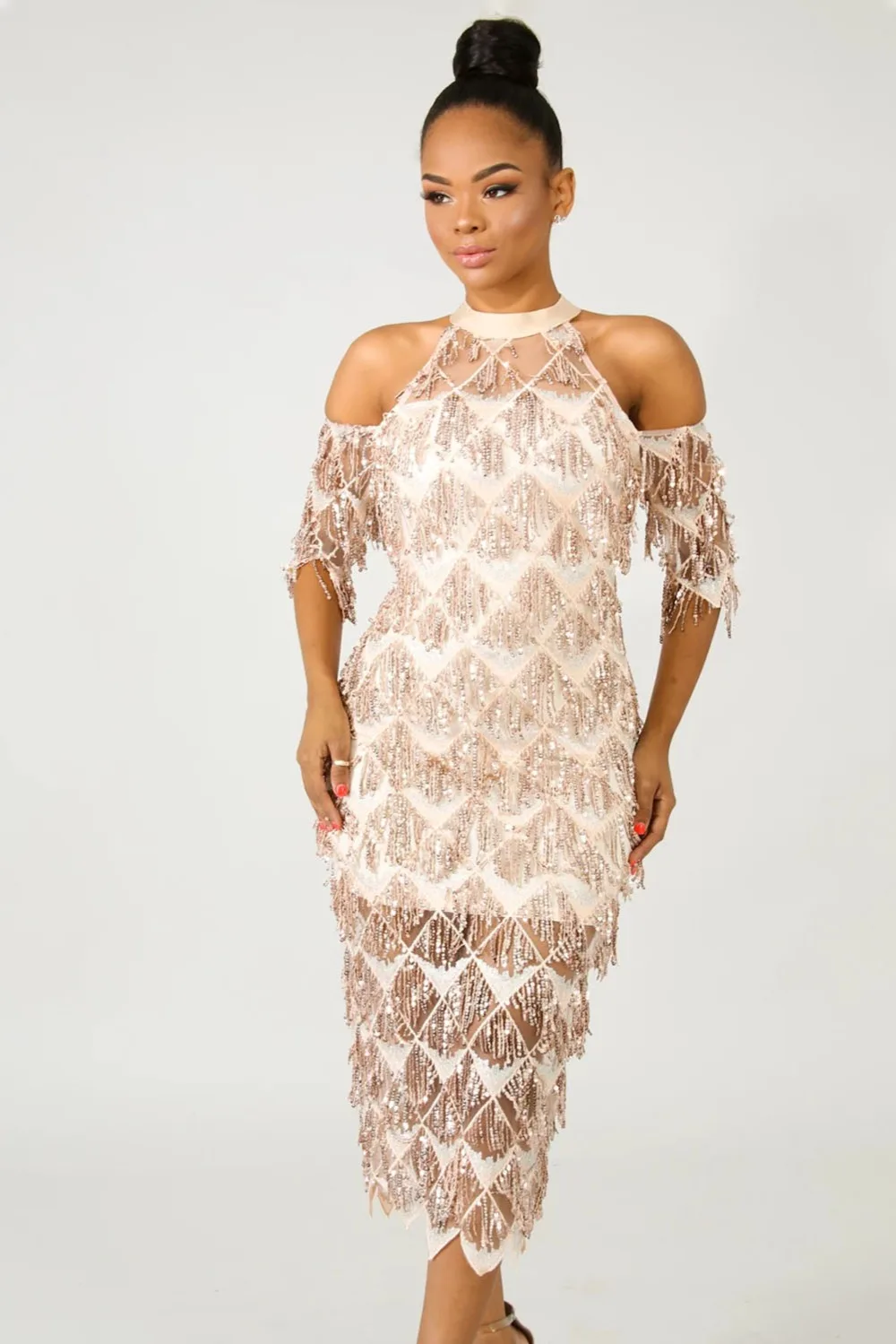 Echoine Fringe Sequin миди платье на молнии сзади женское сексуальное платье со стоячим вырезом и открытыми плечами с коротким рукавом прозрачное блестящее вечернее платье