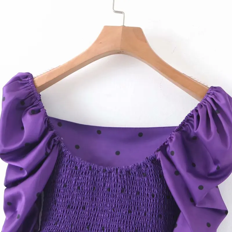 Дизайнерская стильная блузка и рубашка с лимонами Синди, винтажная сатиновая Узкая рубашка в Горошек фиолетового цвета с квадратным вырезом и пышными рукавами и оборками