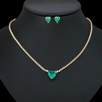 HIBRIDE Romantic Love Heart Shape Chain Link Green Cubic Zirconia Women Party Costume Necklace Earrings Jewelry Set bijoux N-471