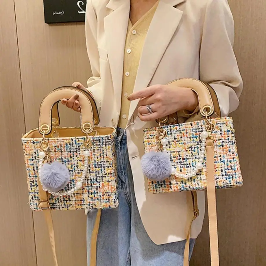 

Elegant Female Pearl Tote Bag 2019 Fashion New High Quality Woolen Women's Designer Handbag High capacity Shoulder Messenger Bag