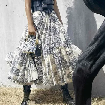 

2020 Runway Women Long Skirt Luxury Animal Printing High Waist Pleated Large Pendant European Designer Party Maxi Skirt Y635