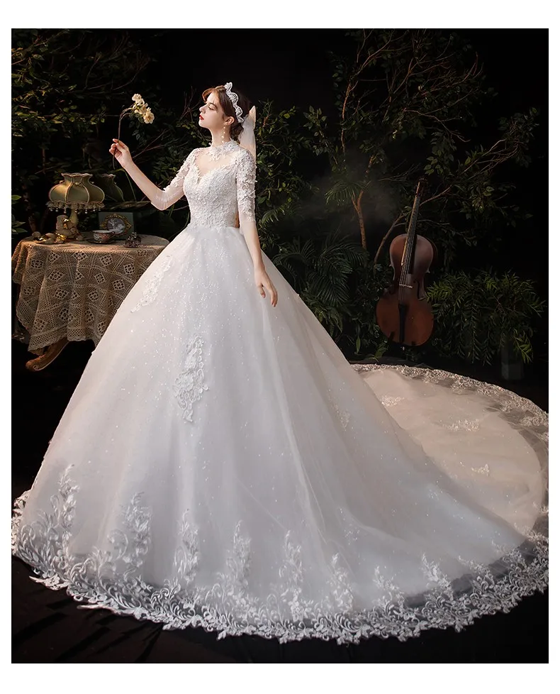 Luxury Lace Applique Long Train Wedding Dresses Embroidery High Bride Dress Plus Size With Sleeve Three Quarter Vetidos De Novia ball gown wedding dress