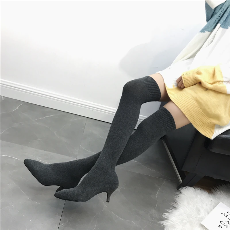 NIUFUNI Slim Stretch Over The Knee Boots For Women Pointed Toe Sock Boots 7cm Thin Heel Boots Autumn Shoes Woman Botas Mujer - Цвет: Gray