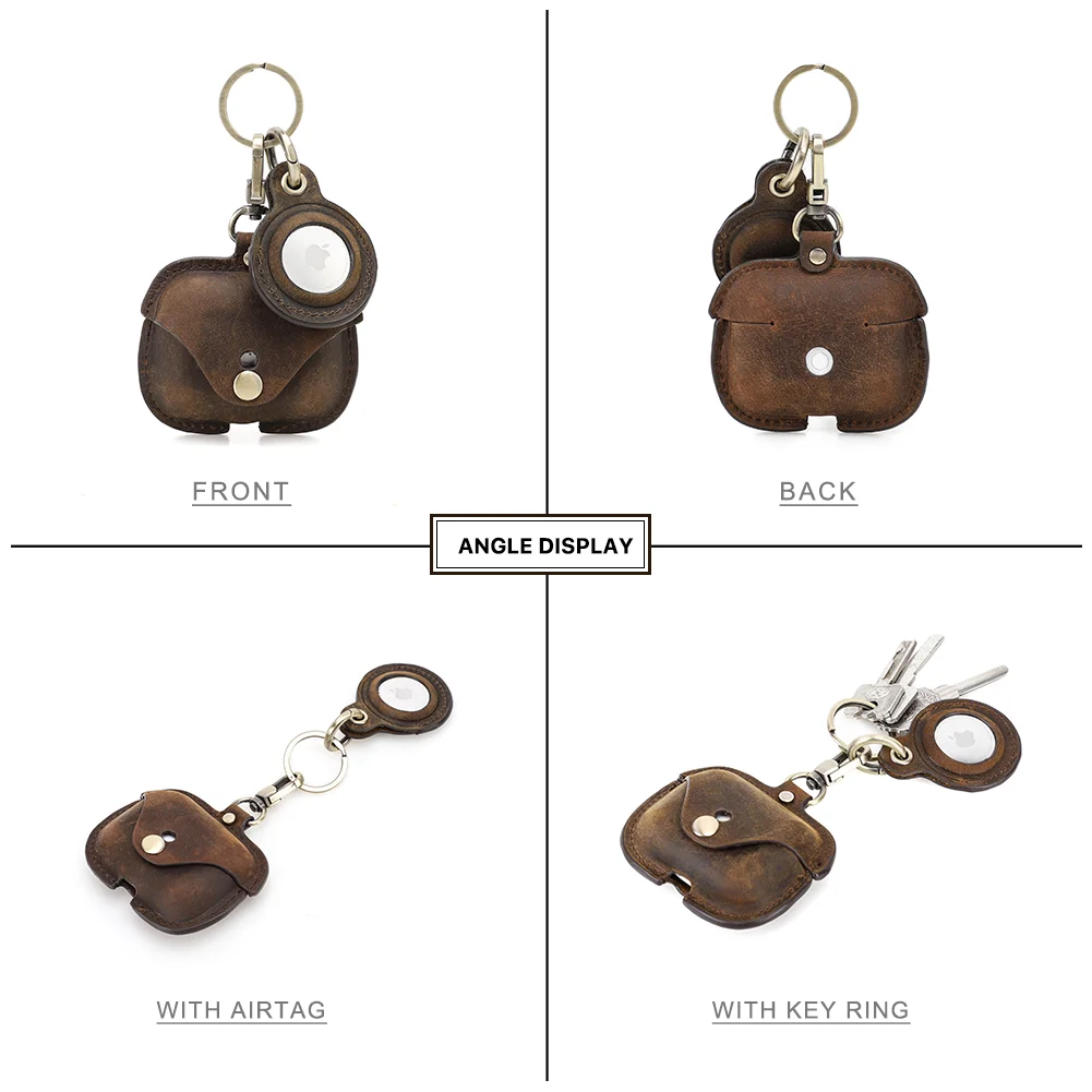 Case de Couro para Airpods Carregamento sem Fio Bluetooth com Chaveiro Pro e Airtag Retro Capa Airpod Caixa Acessórios 3 - Image 4
