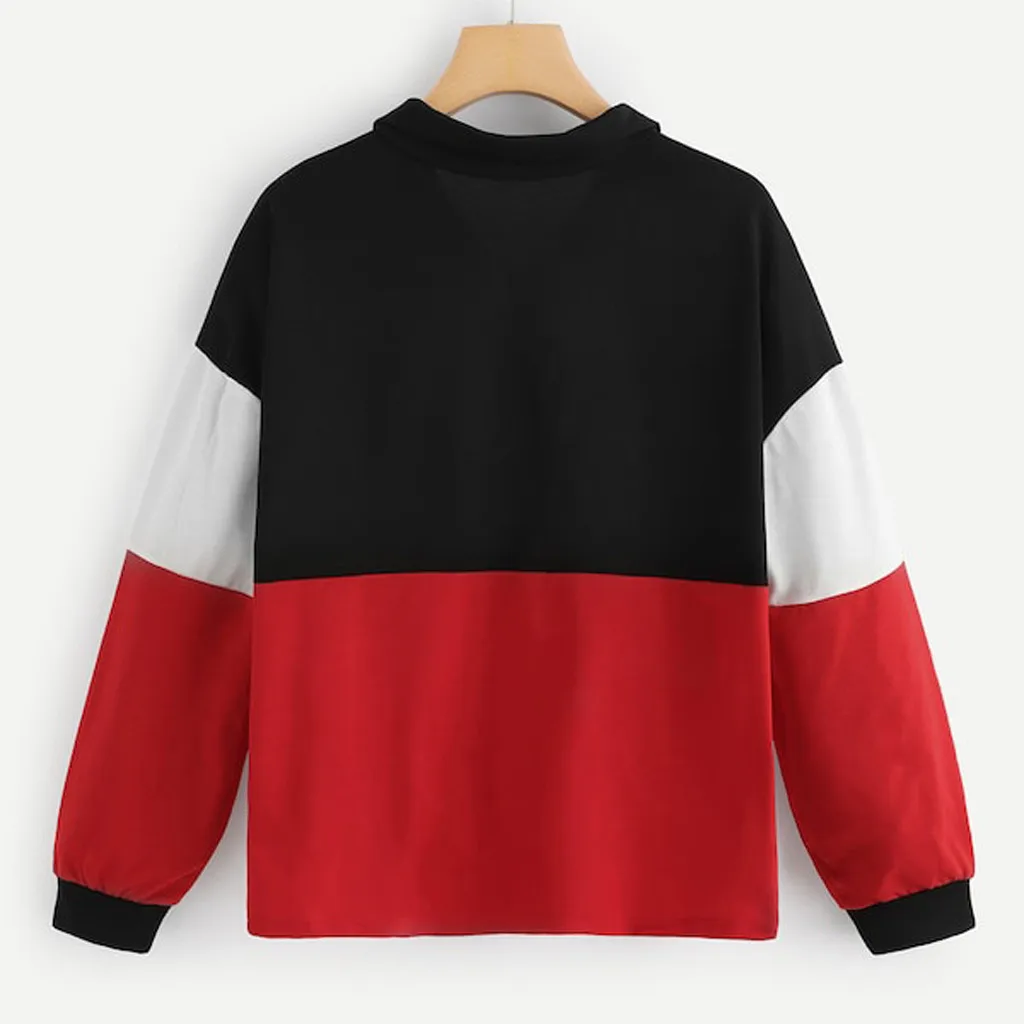 JAYCOSIN Fashion Women Zipper Hoodie Color Block Sweatshirt Casual Simple Loose O-Neck Comfortable Soft Jumper Blouse