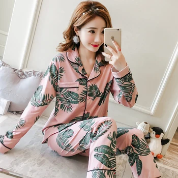 

Good Quality Spring Autumn Pajamas For Women Leaves-patterned Pyjama Sets Long Sleeve Trousers Lapel Pijama Sleepwear