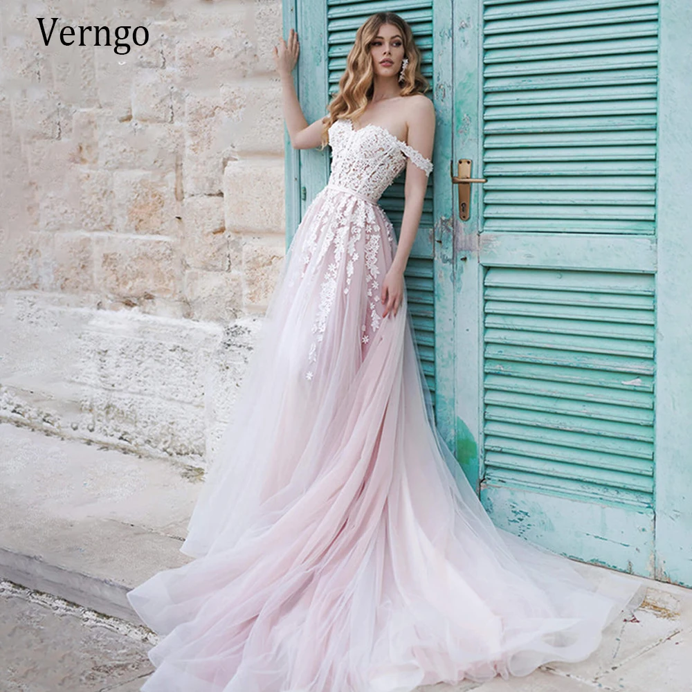 

Verngo 2020 Elegant Pink Wedding Dress Off the Shoulder A Line Tulle Bride Dress Fairy Lace Applique Corset Back Wedding Gowns