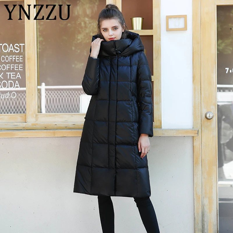 

YNZZU Plus Size 2019 Winter Women's Down Jacket Solid Elegant Long Thicken Warm Fluffy Duck Down Coat Puffer Jacket Female A1408