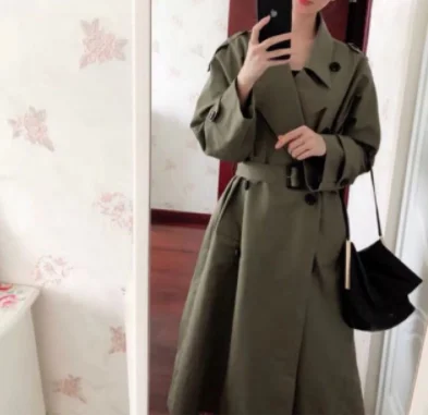 Green Gowinlin, хлопковый длинный женский плащ с поясом,, Корейская женская двубортная Длинная ветровка - Цвет: Green
