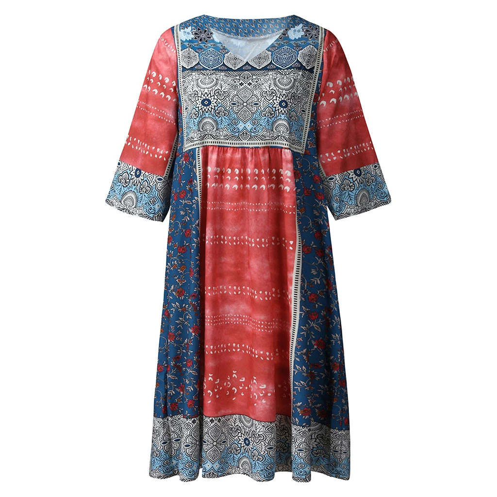 FREE OSTRICH Women Fashion Bohemian Party Print V Neck Plus Size Loose Casual Mini Lady's Comfortable Dress Ladies Girls 717