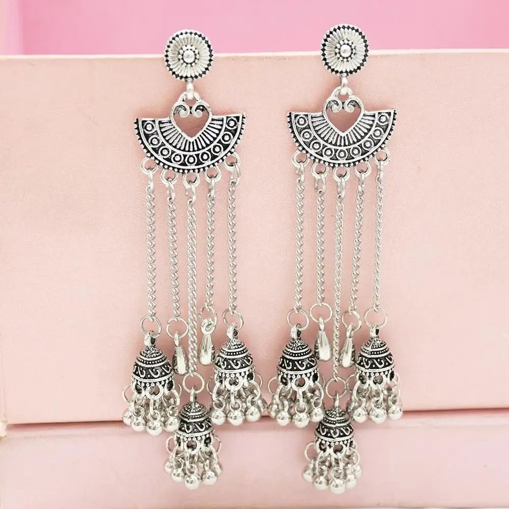 Женские индийские сережки Jhumka Jhumki золотого и серебряного цвета длинные висячие