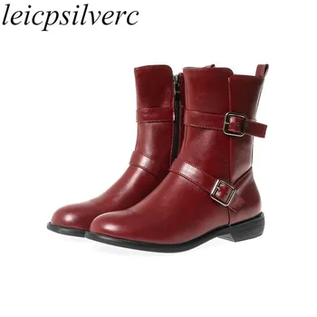 

Women Boots Low Heeled Round Toe Zip Mid-Calf Autumn Winter Plush Pu 2019 New Sexy Fashion Boots Black Wine Red Big Size 34-46