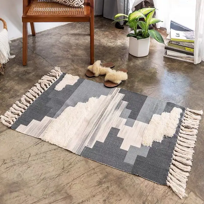 

Handmade Tassled Mat Cotton and Linen Door Mat Carpet Living Room Mat Bedside Mat floor mat boho carpet