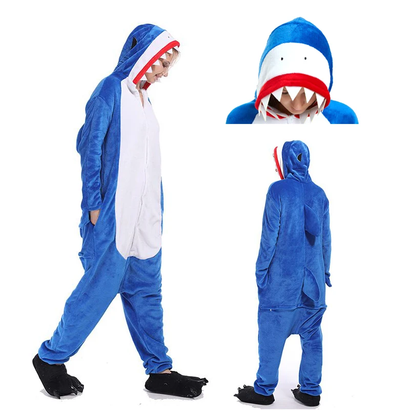 Shark Единорог пижамы установить Для женщин Kugurumi панды зимние фланелевые пижамы для взрослых, Стич, единорог, одежда для сна, комбинезон - Цвет: Shark