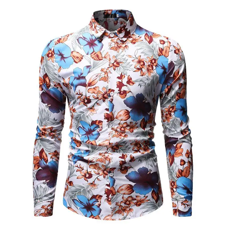 Модная Цветочная гавайская рубашка с длинными рукавами для мужчин, Повседневное платье, блузка для мужчин, Цветочная Мужская рубашка красного и синего цвета, Новинка
