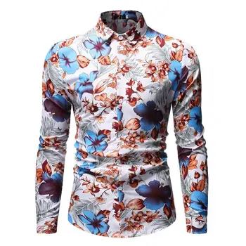 

Long sleeve Fashion Floral Hawaiian Shirt for Men Casual dress Blouse Men Flower Men Shirt Red Blue New