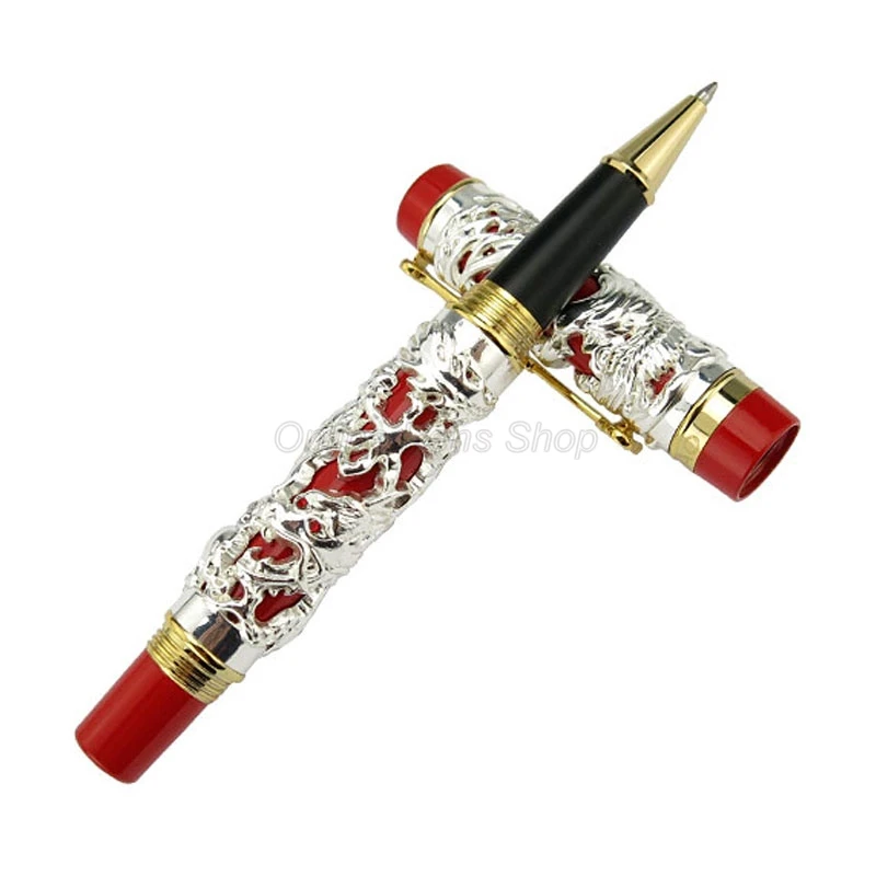Jinhao Business Dragon Phoenix Rollerball Pen, Metal Carving Embossing Heavy Pen, Silver & Red For Writing Gift Pen
