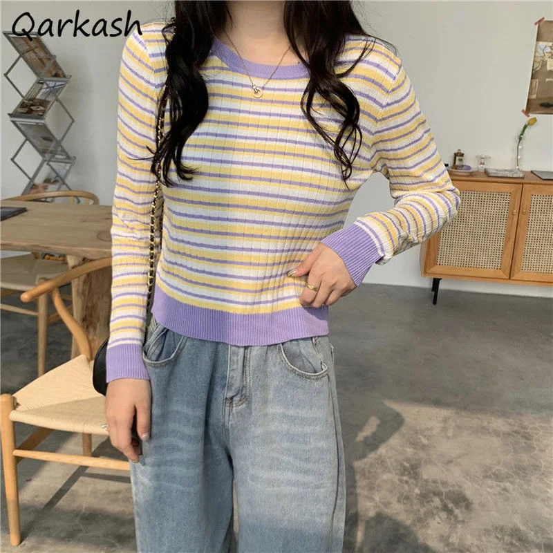 

Pullovers Women Slim Knitted Casual Fit Female Street Style Retro Ins Autumn Sweater Striped Korean All-match Inside Clothing