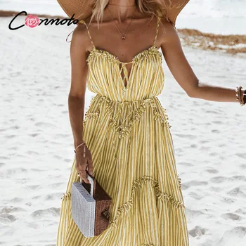 

Conmoto Bohemian sexy V-neck sleeveless bandage dress women summer striped bow dress bandage party beach dress feminine vestidos