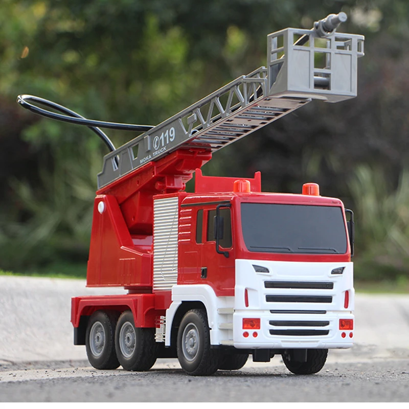 Water Spray 2.4G RC Fire Truck 660° Rotation One-click Demo Ladder Lift Cool Lighting Remote Control Truck Water Fire Car Gifts 3