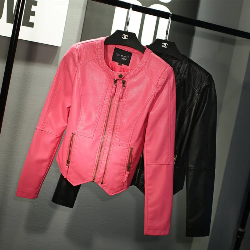 Spring and Autumn New Women's short slim leather jacket round neck double  zipper Pu wash leather jacket Motorcycle Jacket faux