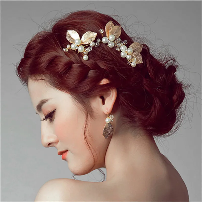 

2Pcs Handmade Accessories Vintage Gold Leaf Flower Hair Sticks Wedding Pearl Hair Pins Bridal Large Crystal Hair Clip Headpiece