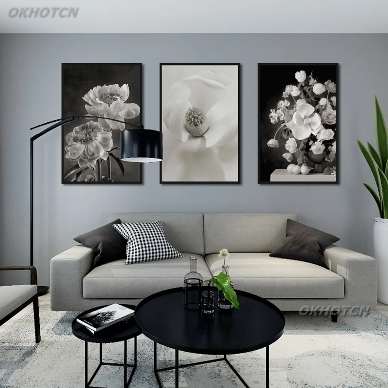 

Black And White Peony Flower Print Canvas Painting Nordic Modern Home Decor Modular Minimalist Beautiful Wall Art Picture Poster