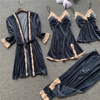 

New Sexy Sleepwear Women Robe Gown Set Female Loungewear Gold Velvet Warm Winter Home Clothes Nightwear Sleep Robe Suit