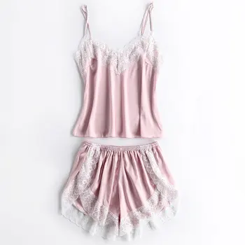 

Brand Two Pieces Pyjamas Women Sexy Lingerie Pijama Mujer Femme Pizama Female Sexy Lounge Sets Satin & Lace Sleepwear Set