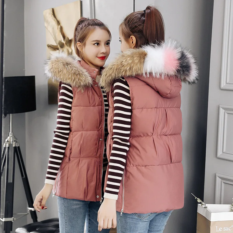 

Down Feather Cotton Vest Female Short Korean-style Winter 2018 New Style Loose-Fit Large Fur Collar Waistcoat Vest Thick Cotton