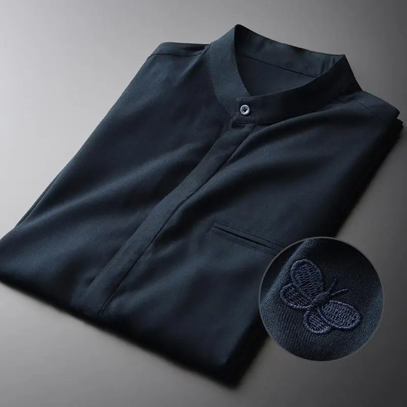 Minglu мужские рубашки с воротником-стойкой, роскошные мужские рубашки с вышивкой и длинным рукавом, мужские рубашки размера плюс 4xl, мужские рубашки с фальшивым карманом - Цвет: HC-CS19003