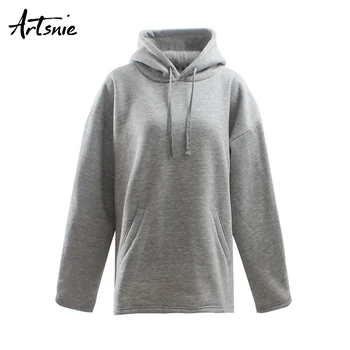 

Artsnie drop shoulder long sleeve oversized hoodies gray casual terry hooded sweatshirt pockets winter black sweatshirts female
