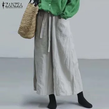 

2019 ZANZEA Women's Wide Leg Pants Vintage Casual Long Turnip Autumn Elastic Waist Lace Up Trouser Female Solid Pantalon Palazzo