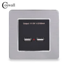 COSWALL настенная розетка с двумя usb-портами для зарядки для мобильных телефонов 5 в 2,1 А, светодиодный индикатор, панель из нержавеющей стали