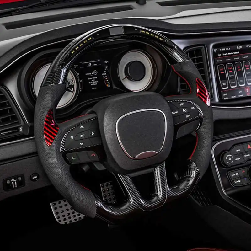 닷지 챌린저 SRT HELLCAT 2015-2020 용 탄소 섬유 가열 LED 디스플레이 시프트 라이트 스티어링 휠 교체