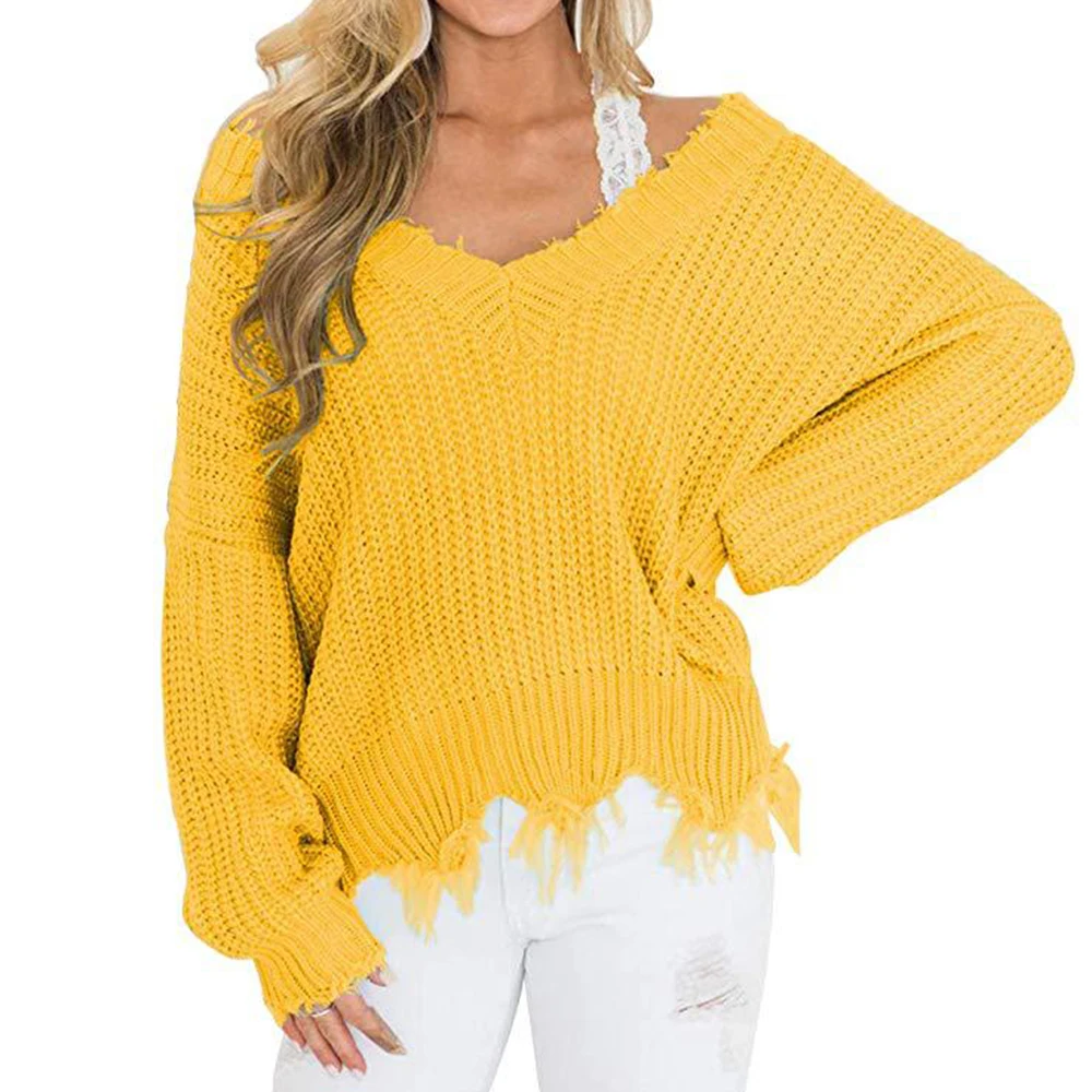 

Off Shoulder Sweater For Women Pullover Ripped Hole Sweaters Loose Fringe Distressed Knitted Female Tops Long Sleeve Jumper